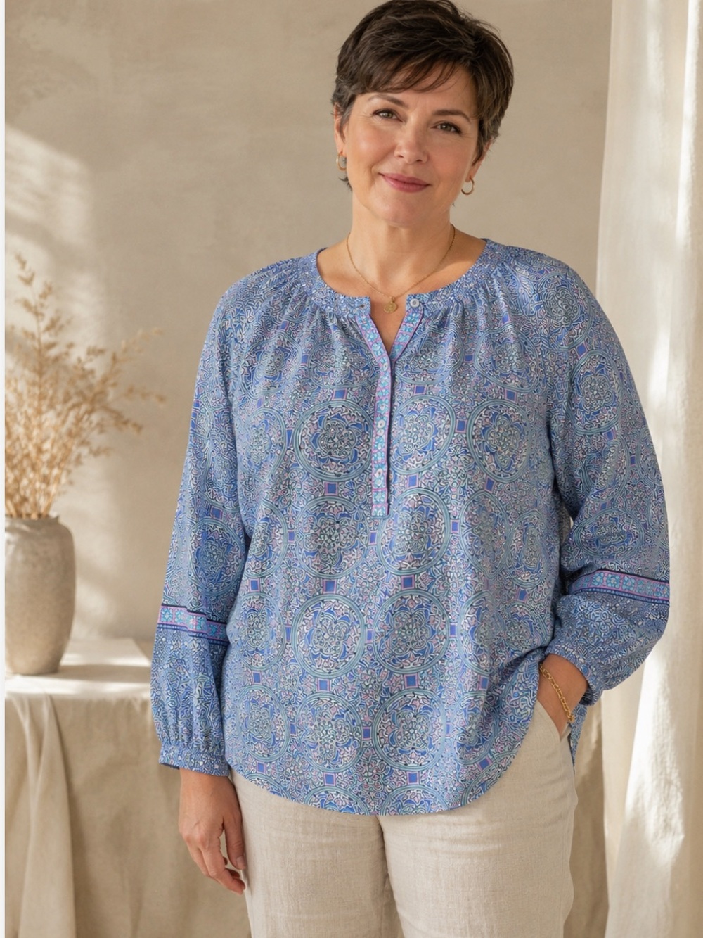 Talbots 2X Blue Geometric Cotton Popover Blouse Plus Size Long Sleeve Boho